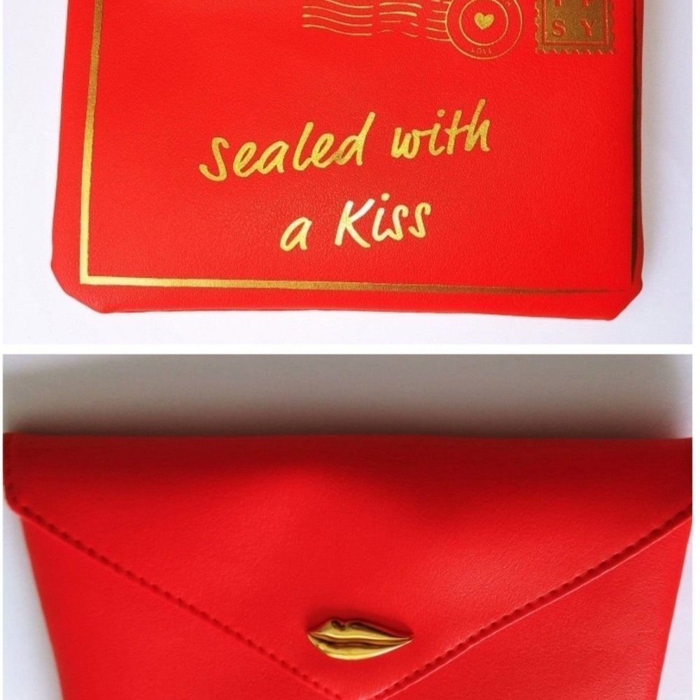 Makeup Bag Ipsy Sealed With a Kiss- February Red Envelope Clutch with Gold